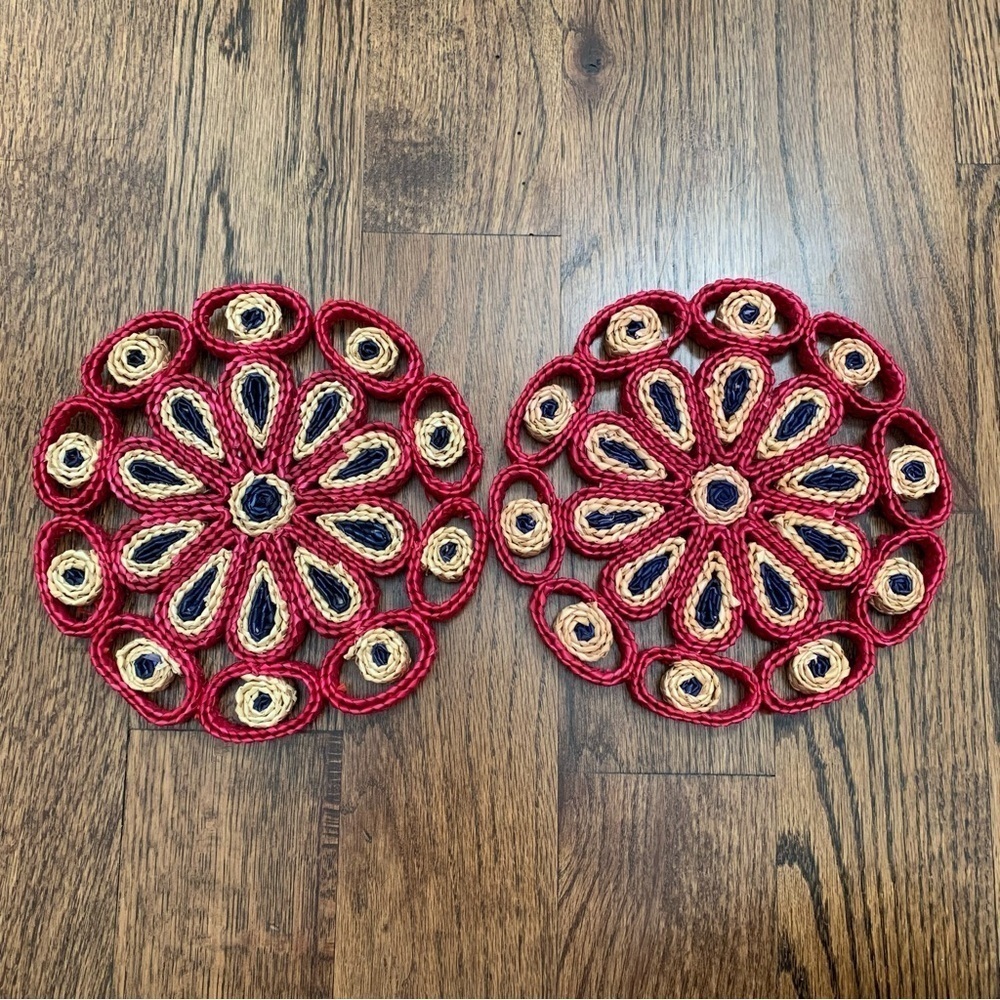 Set of 2 Vintage Boho Raffia Wicker Wall Art Hot Pads Trivets